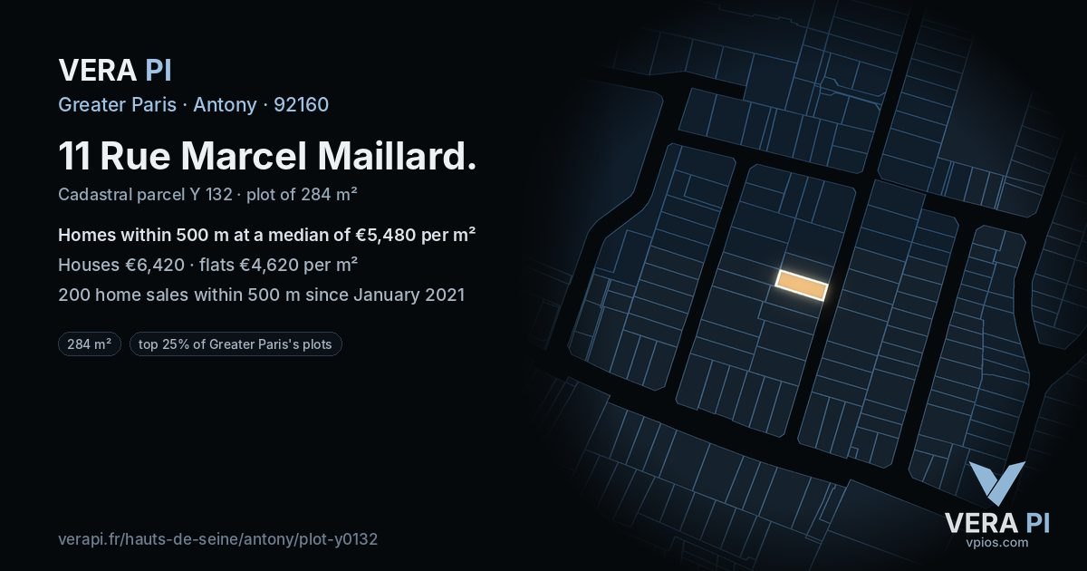 11 Rue Marcel Maillard, Antony at night – the plot lit, the parcels around coloured by the prices near them