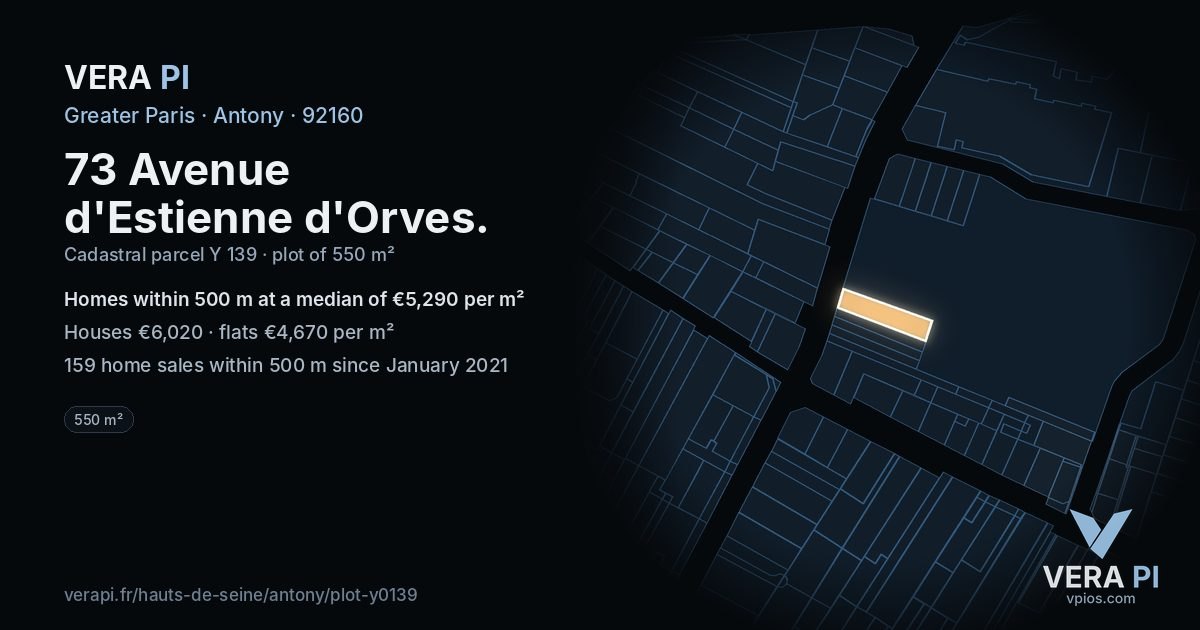 73 Avenue d'Estienne d'Orves, Antony at night – the plot lit, the parcels around coloured by the prices near them