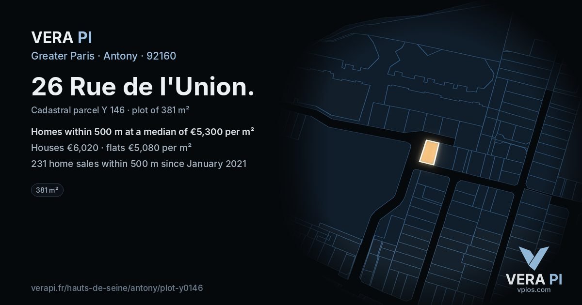 26 Rue de l'Union, Antony at night – the plot lit, the parcels around coloured by the prices near them
