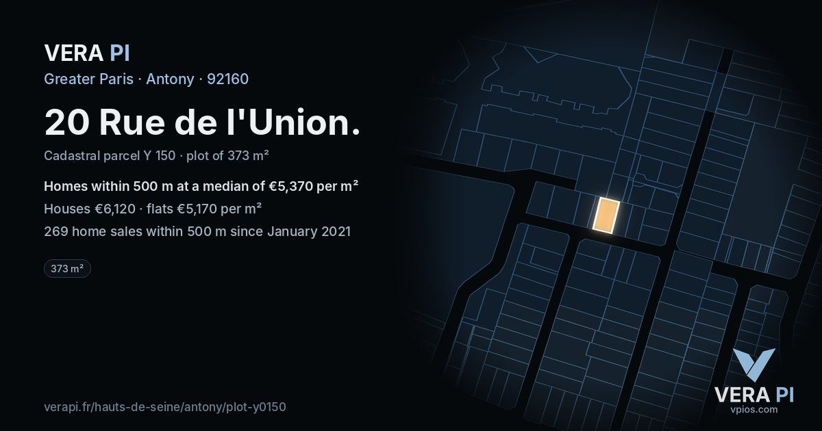 20 Rue de l'Union, Antony at night – the plot lit, the parcels around coloured by the prices near them