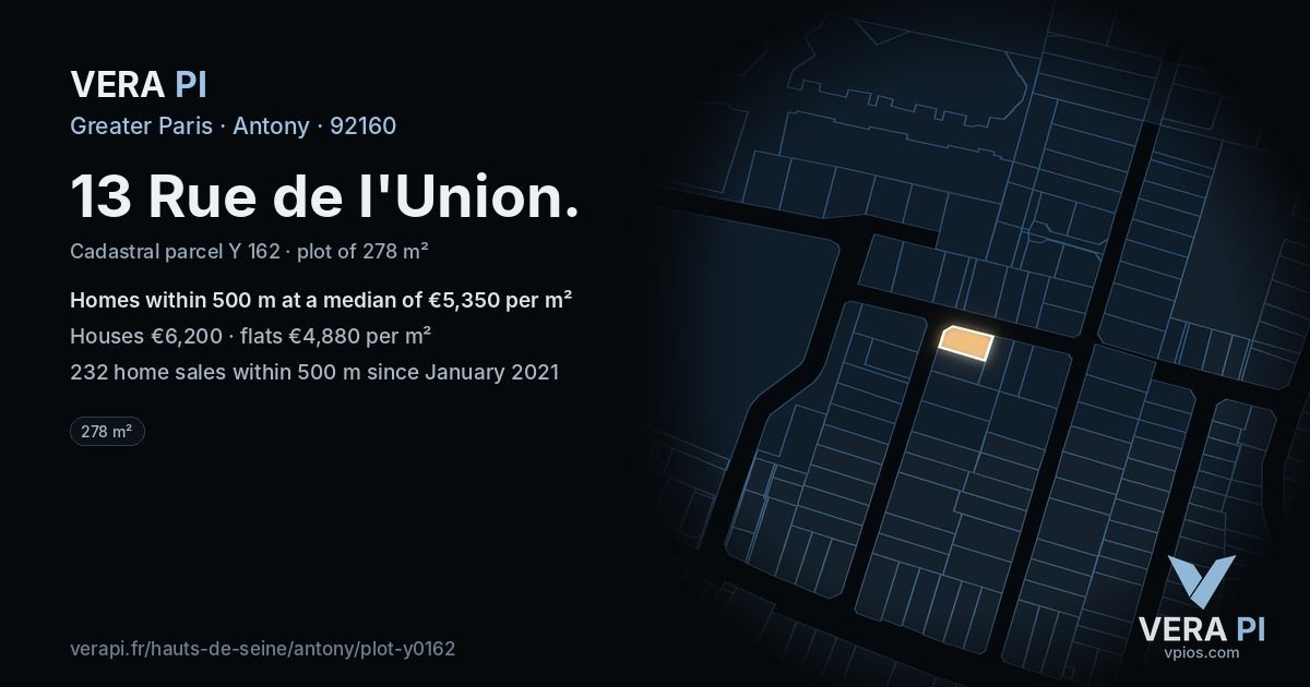 13 Rue de l'Union, Antony at night – the plot lit, the parcels around coloured by the prices near them