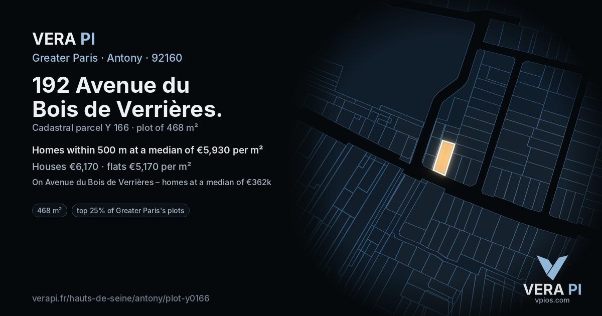 192 Avenue du Bois de Verrières, Antony at night – the plot lit, the parcels around coloured by the prices near them