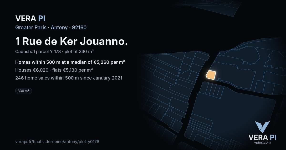 1 Rue de Ker Jouanno, Antony at night – the plot lit, the parcels around coloured by the prices near them