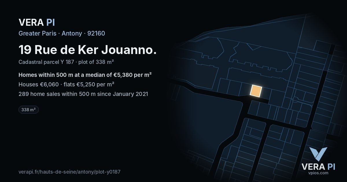 19 Rue de Ker Jouanno, Antony at night – the plot lit, the parcels around coloured by the prices near them