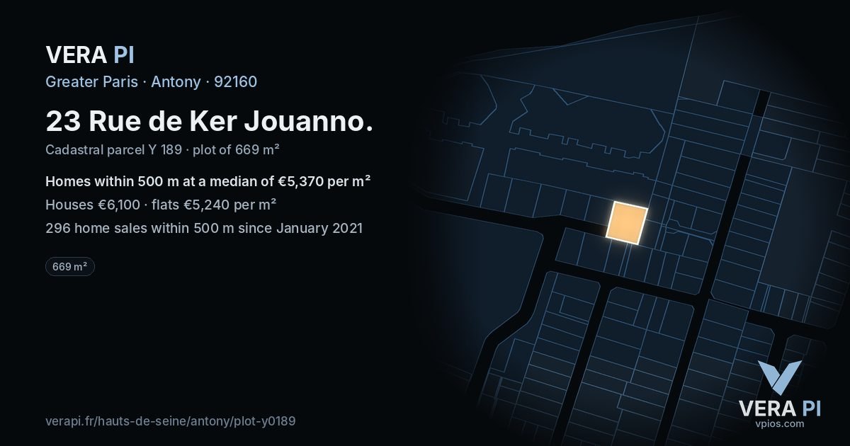 23 Rue de Ker Jouanno, Antony at night – the plot lit, the parcels around coloured by the prices near them