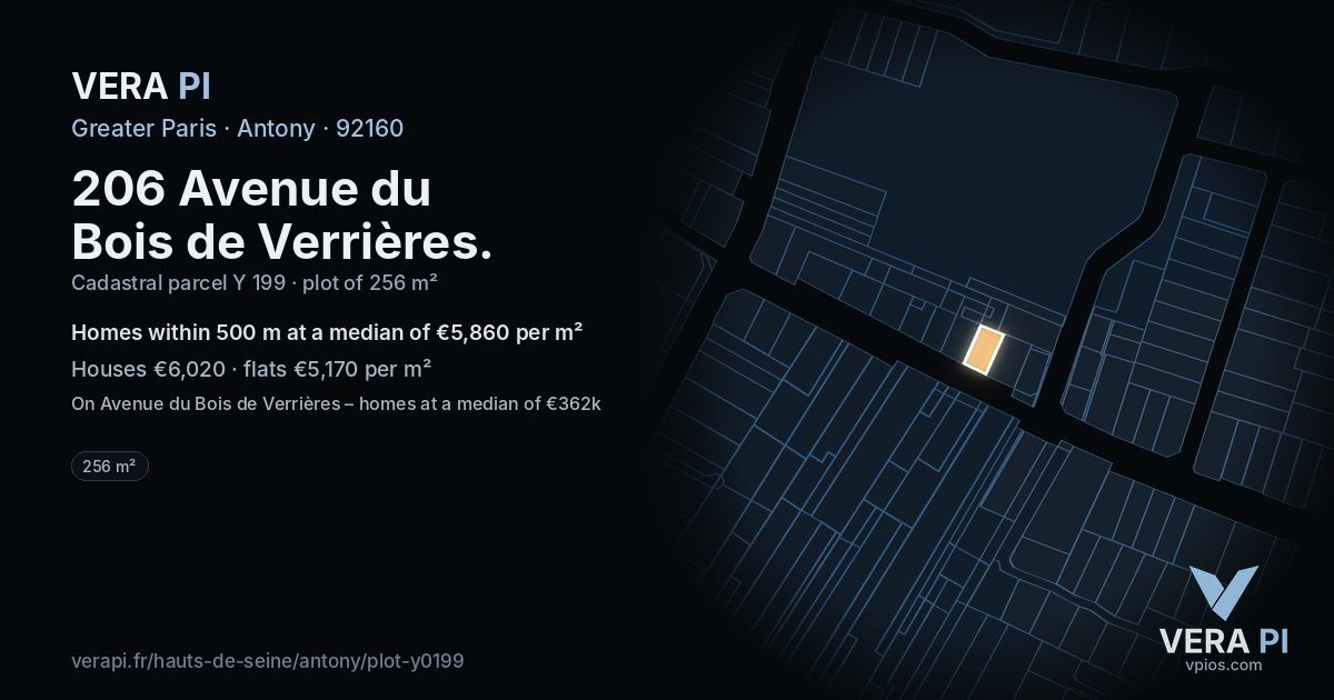 206 Avenue du Bois de Verrières, Antony at night – the plot lit, the parcels around coloured by the prices near them