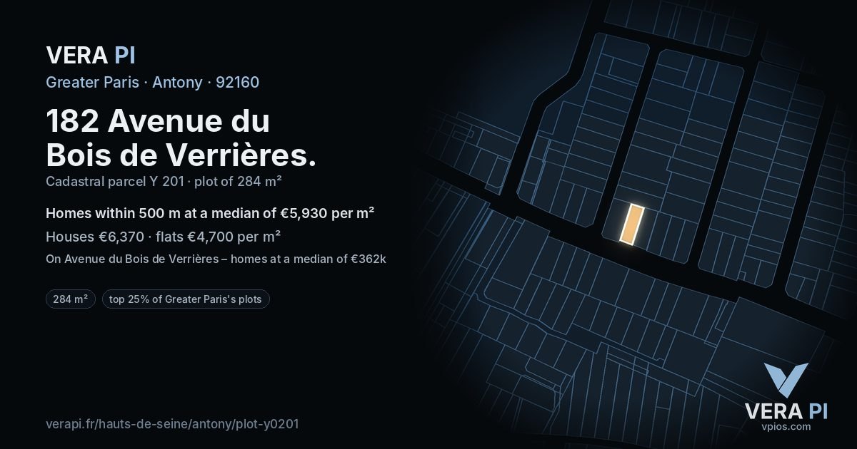 182 Avenue du Bois de Verrières, Antony at night – the plot lit, the parcels around coloured by the prices near them