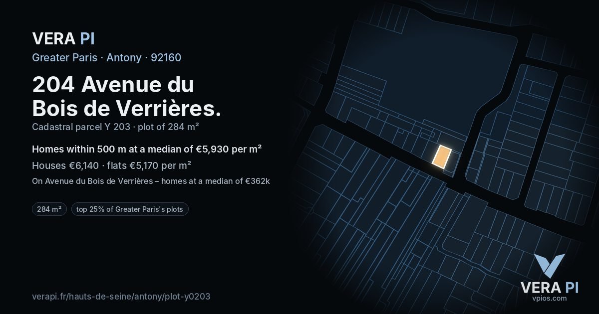 204 Avenue du Bois de Verrières, Antony at night – the plot lit, the parcels around coloured by the prices near them