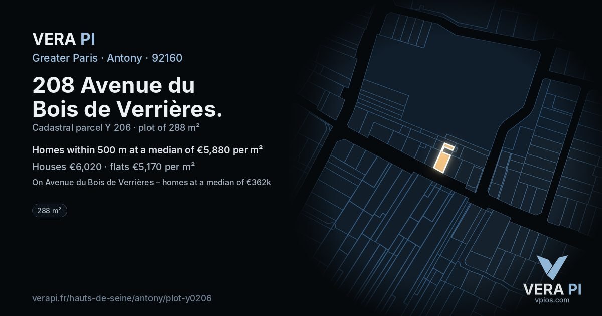 208 Avenue du Bois de Verrières, Antony at night – the plot lit, the parcels around coloured by the prices near them