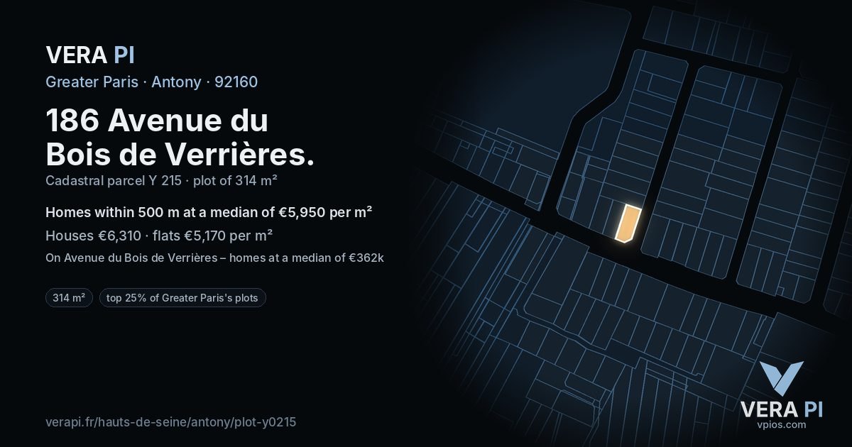 186 Avenue du Bois de Verrières, Antony at night – the plot lit, the parcels around coloured by the prices near them