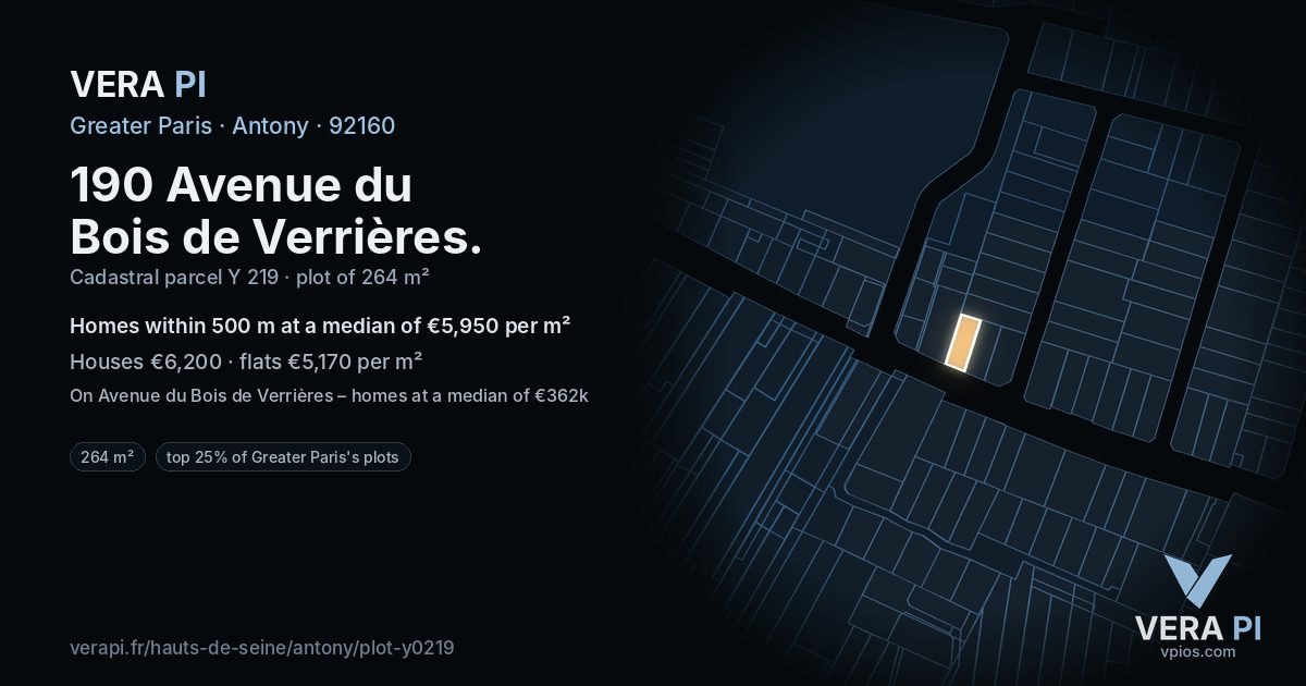 190 Avenue du Bois de Verrières, Antony at night – the plot lit, the parcels around coloured by the prices near them