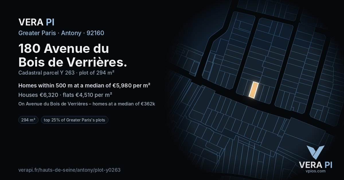 180 Avenue du Bois de Verrières, Antony at night – the plot lit, the parcels around coloured by the prices near them