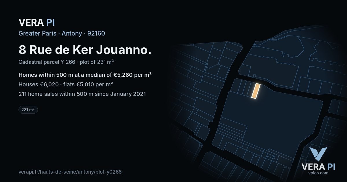 8 Rue de Ker Jouanno, Antony at night – the plot lit, the parcels around coloured by the prices near them