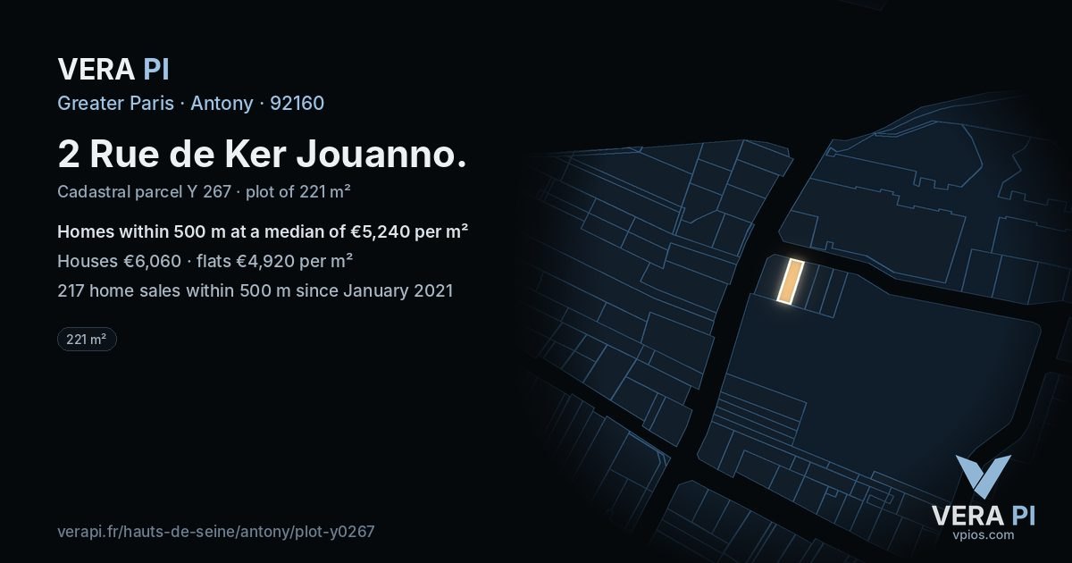 2 Rue de Ker Jouanno, Antony at night – the plot lit, the parcels around coloured by the prices near them