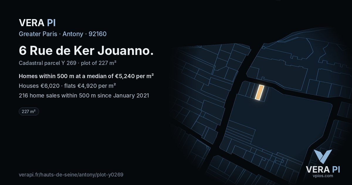 6 Rue de Ker Jouanno, Antony at night – the plot lit, the parcels around coloured by the prices near them