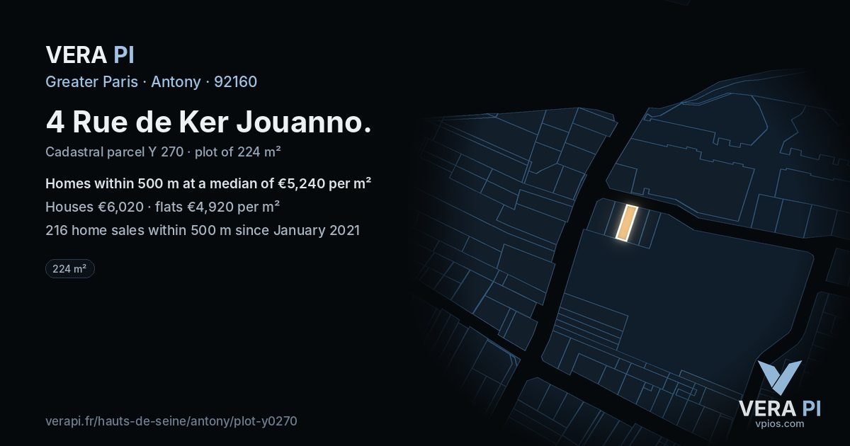 4 Rue de Ker Jouanno, Antony at night – the plot lit, the parcels around coloured by the prices near them