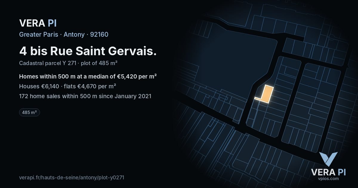 4 bis Rue Saint Gervais, Antony at night – the plot lit, the parcels around coloured by the prices near them