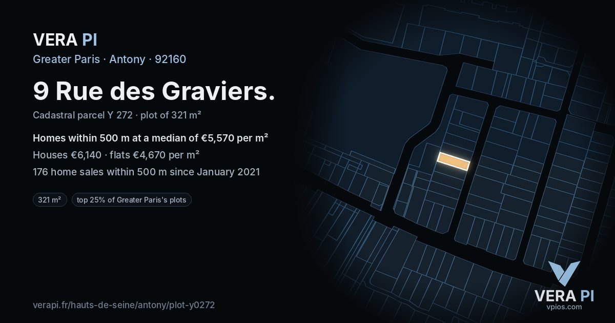 9 Rue des Graviers, Antony at night – the plot lit, the parcels around coloured by the prices near them