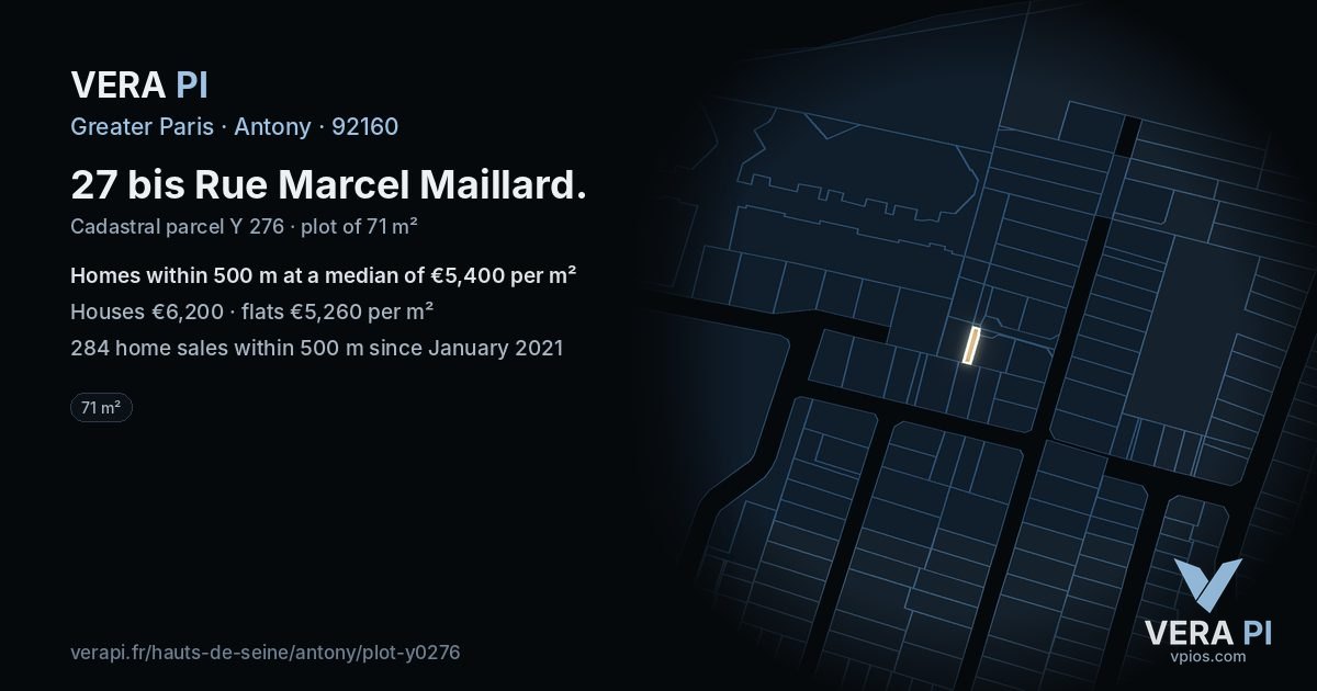 27 bis Rue Marcel Maillard, Antony at night – the plot lit, the parcels around coloured by the prices near them