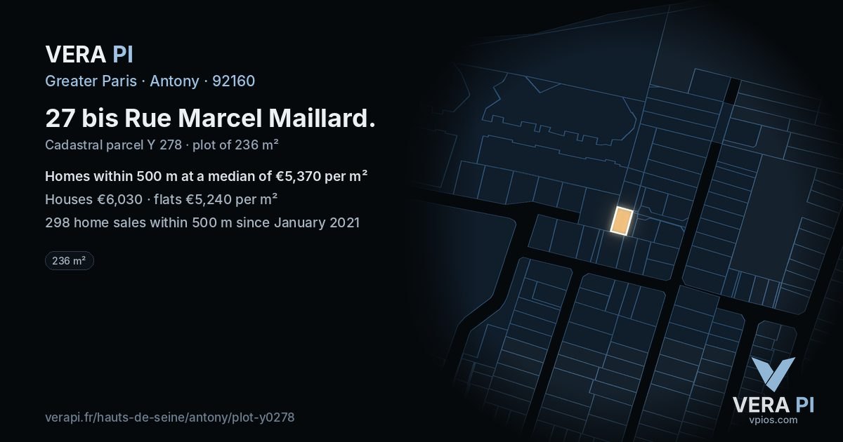 27 bis Rue Marcel Maillard, Antony at night – the plot lit, the parcels around coloured by the prices near them