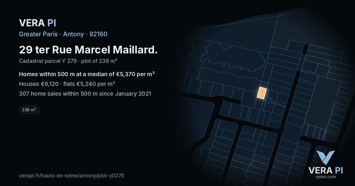 29 ter Rue Marcel Maillard, Antony at night – the plot lit, the parcels around coloured by the prices near them