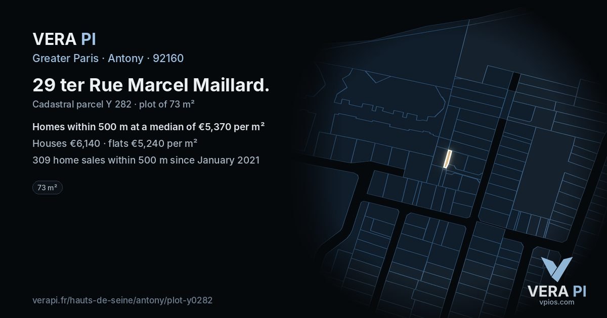 29 ter Rue Marcel Maillard, Antony at night – the plot lit, the parcels around coloured by the prices near them