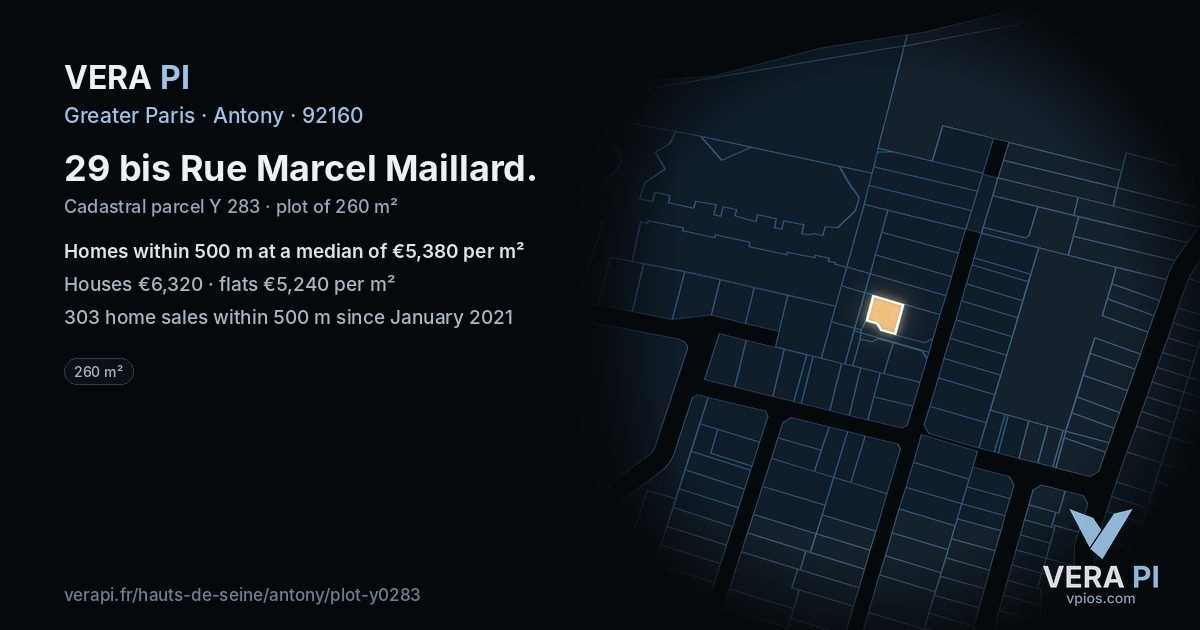 29 bis Rue Marcel Maillard, Antony at night – the plot lit, the parcels around coloured by the prices near them