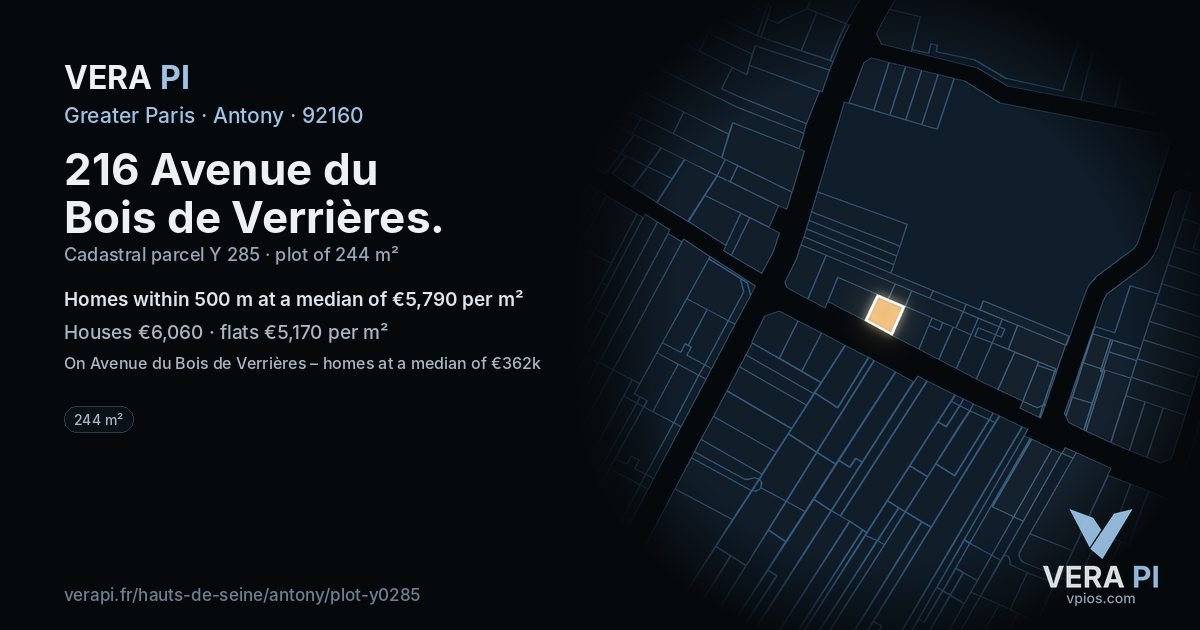 216 Avenue du Bois de Verrières, Antony at night – the plot lit, the parcels around coloured by the prices near them