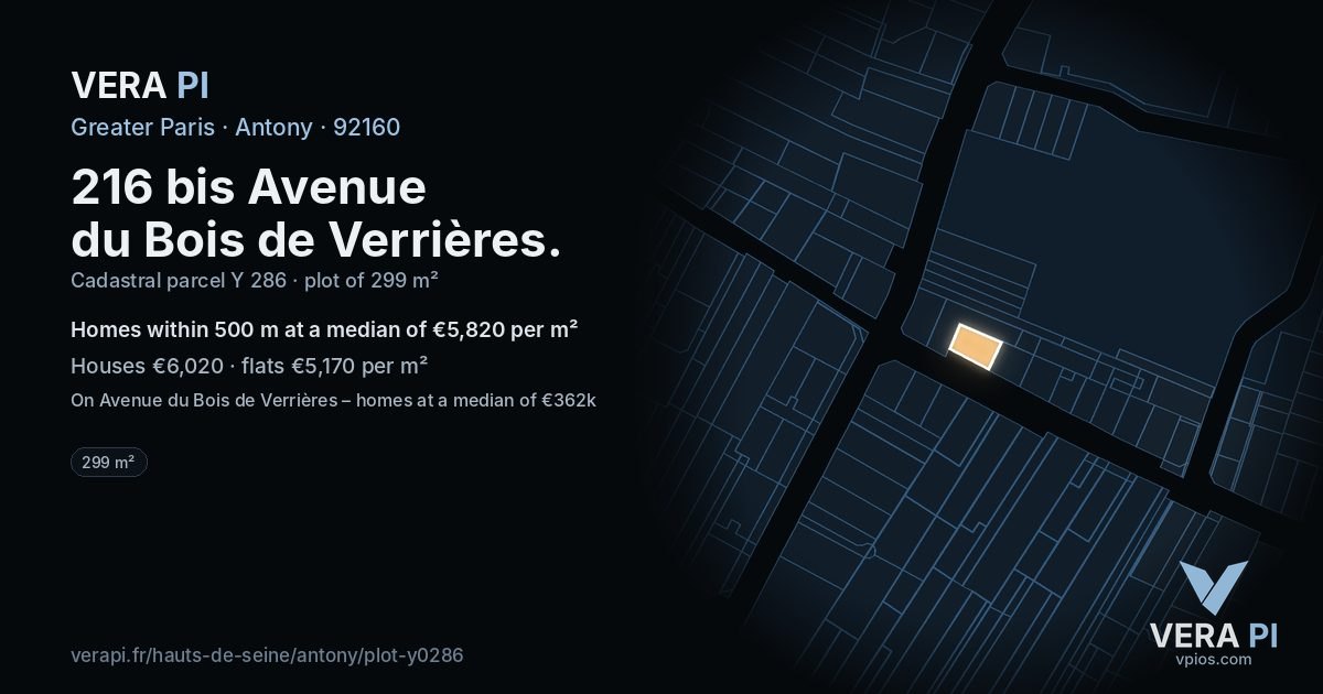216 bis Avenue du Bois de Verrières, Antony at night – the plot lit, the parcels around coloured by the prices near them