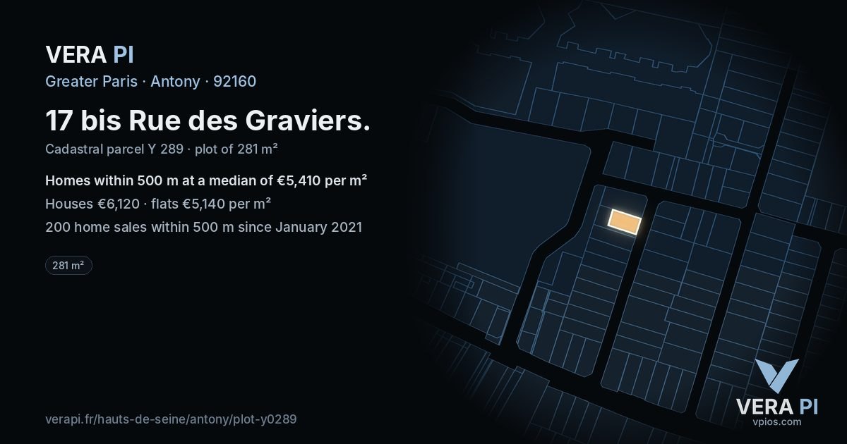 17 bis Rue des Graviers, Antony at night – the plot lit, the parcels around coloured by the prices near them