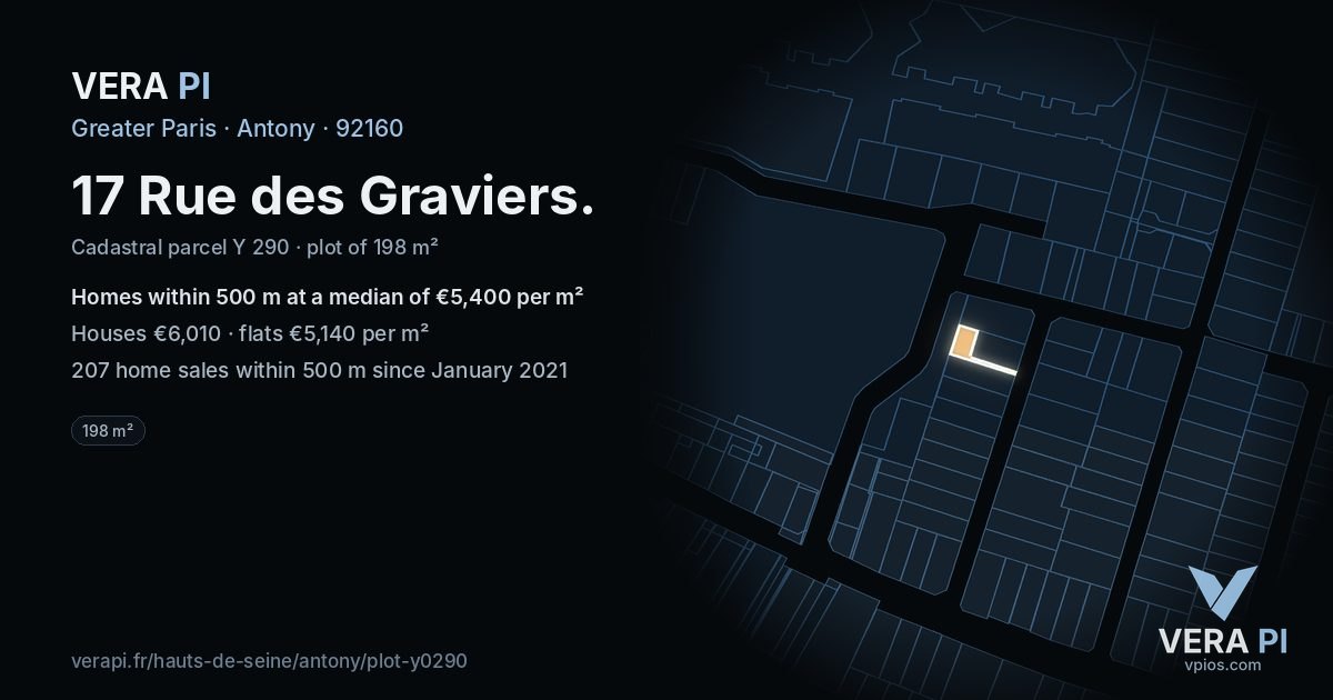 17 Rue des Graviers, Antony at night – the plot lit, the parcels around coloured by the prices near them