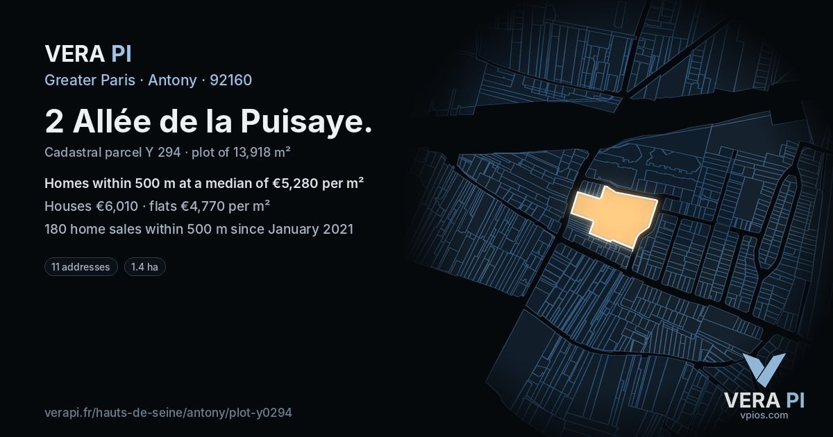 2 Allée de la Puisaye, Antony at night – the plot lit, the parcels around coloured by the prices near them