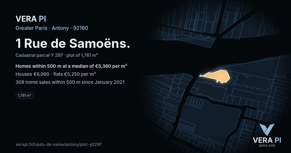 1 Rue de Samoëns, Antony at night – the plot lit, the parcels around coloured by the prices near them