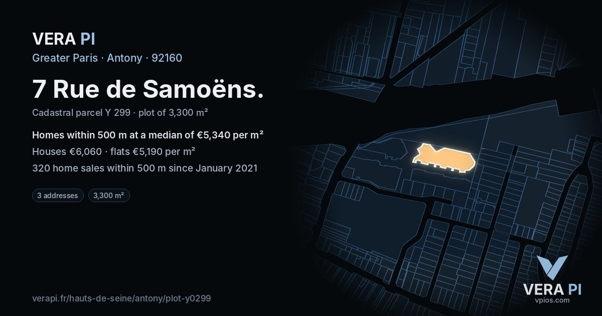 7 Rue de Samoëns, Antony at night – the plot lit, the parcels around coloured by the prices near them