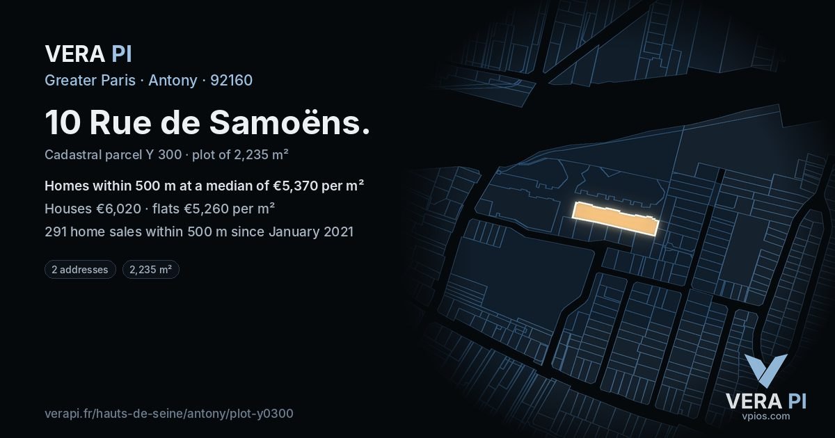 10 Rue de Samoëns, Antony at night – the plot lit, the parcels around coloured by the prices near them