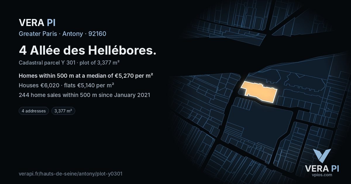 4 Allée des Hellébores, Antony at night – the plot lit, the parcels around coloured by the prices near them