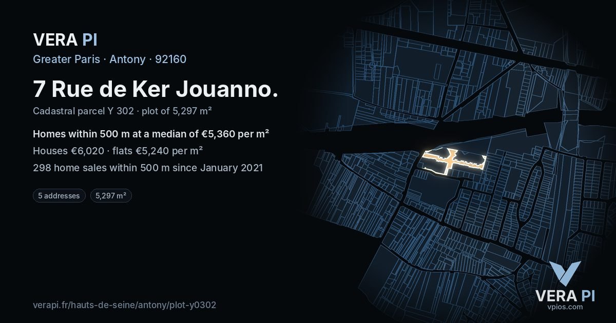 7 Rue de Ker Jouanno, Antony at night – the plot lit, the parcels around coloured by the prices near them