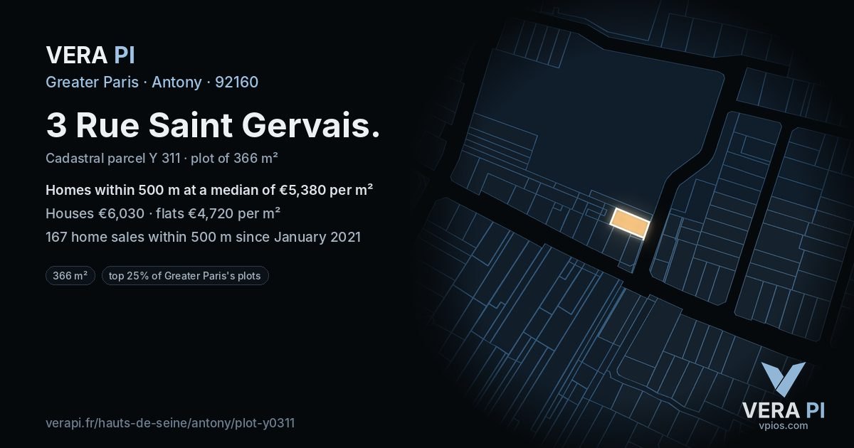 3 Rue Saint Gervais, Antony at night – the plot lit, the parcels around coloured by the prices near them