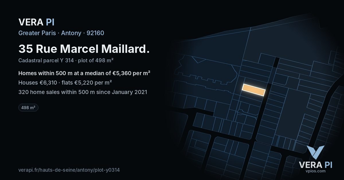 35 Rue Marcel Maillard, Antony at night – the plot lit, the parcels around coloured by the prices near them