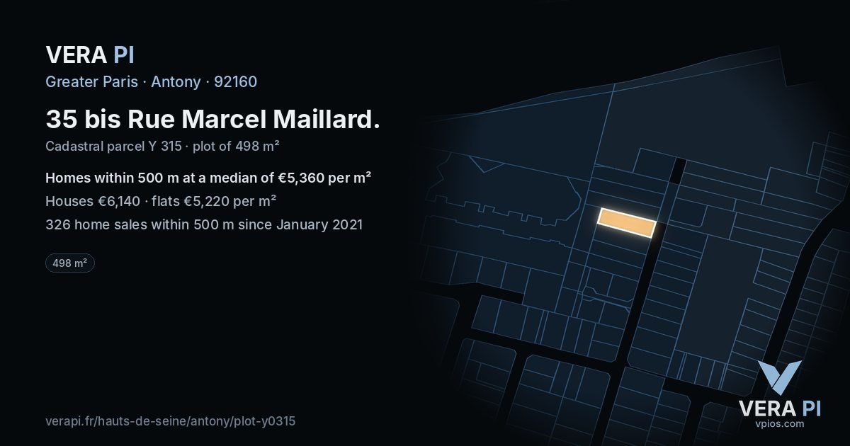 35 bis Rue Marcel Maillard, Antony at night – the plot lit, the parcels around coloured by the prices near them