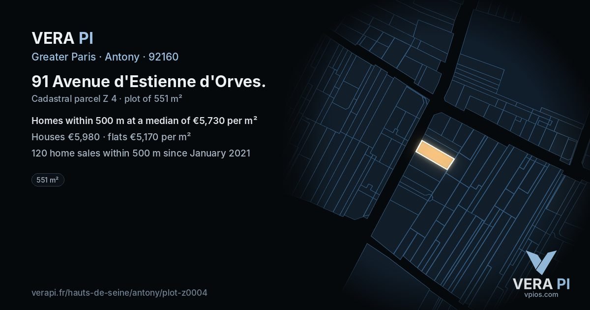 91 Avenue d'Estienne d'Orves, Antony at night – the plot lit, the parcels around coloured by the prices near them
