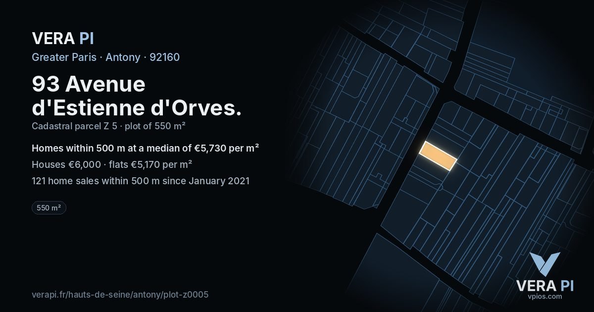 93 Avenue d'Estienne d'Orves, Antony at night – the plot lit, the parcels around coloured by the prices near them