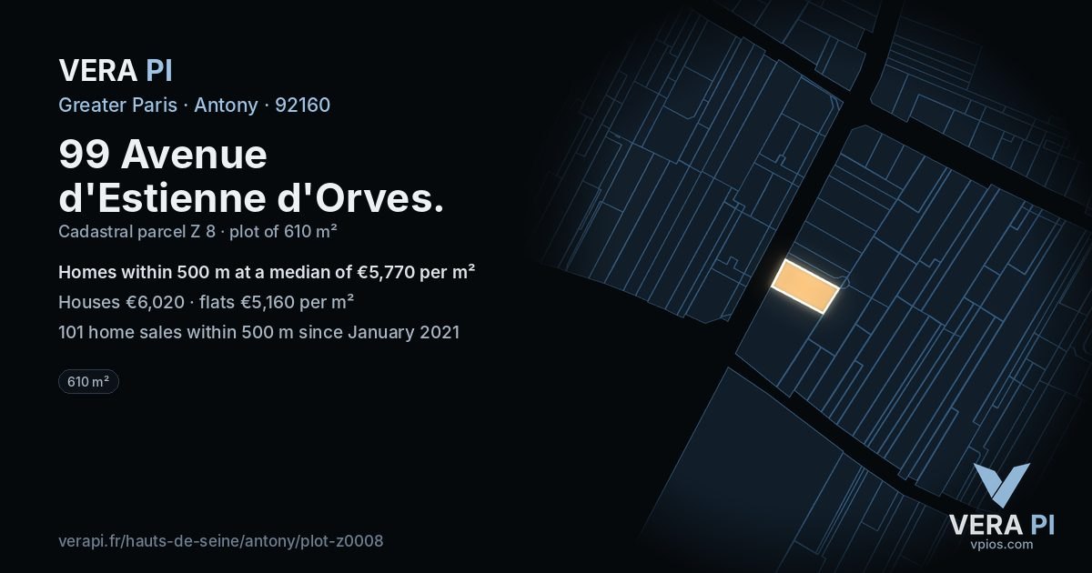 99 Avenue d'Estienne d'Orves, Antony at night – the plot lit, the parcels around coloured by the prices near them