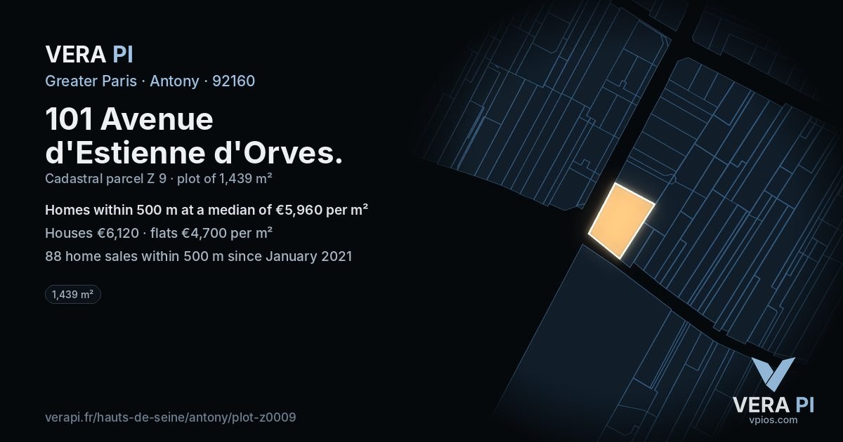 101 Avenue d'Estienne d'Orves, Antony at night – the plot lit, the parcels around coloured by the prices near them