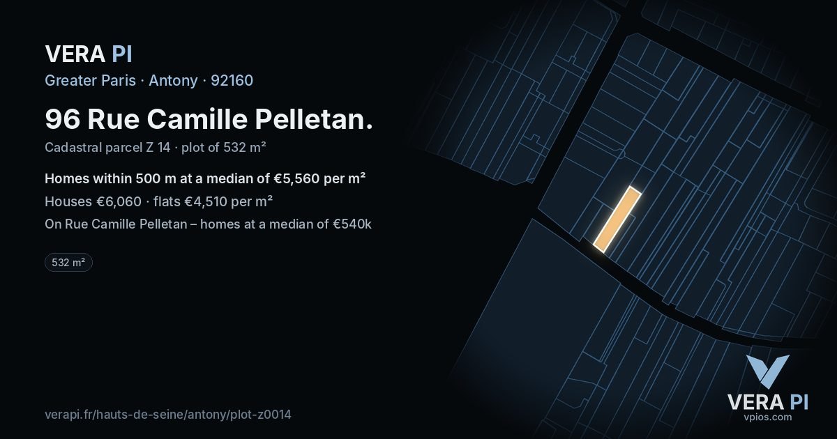96 Rue Camille Pelletan, Antony at night – the plot lit, the parcels around coloured by the prices near them