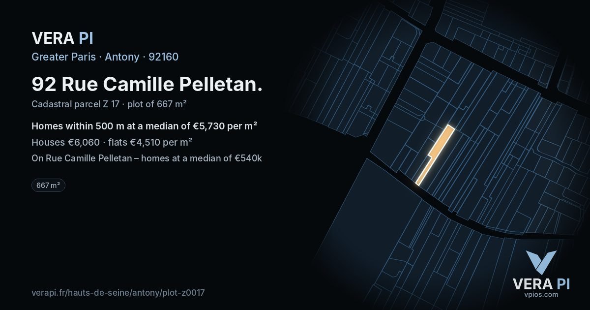 92 Rue Camille Pelletan, Antony at night – the plot lit, the parcels around coloured by the prices near them