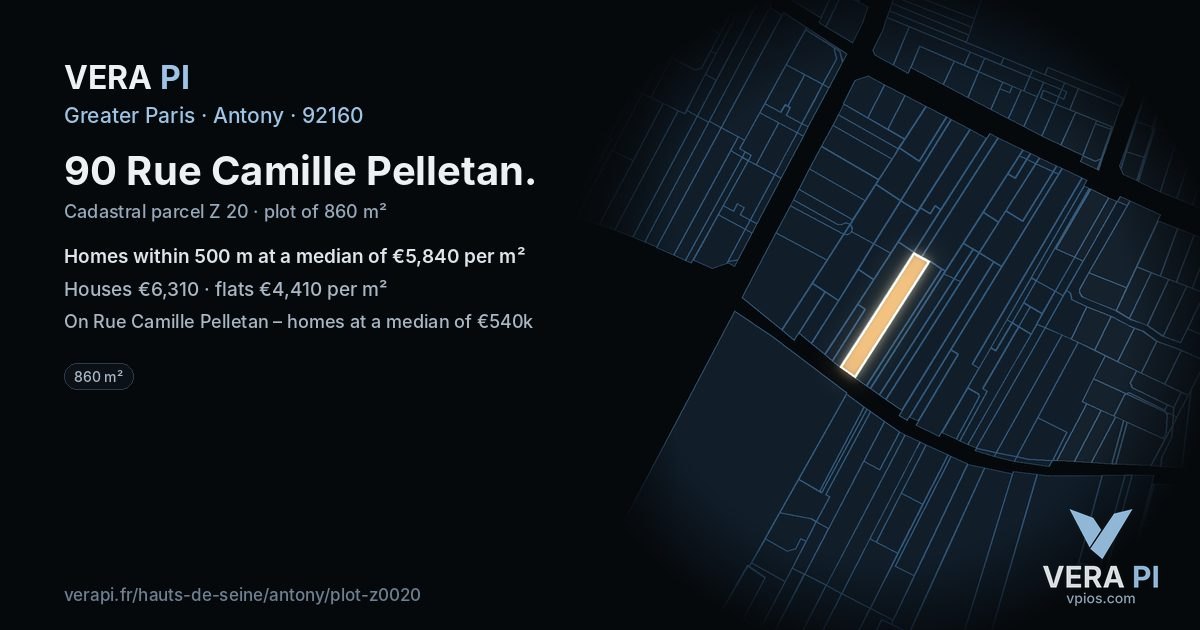 90 Rue Camille Pelletan, Antony at night – the plot lit, the parcels around coloured by the prices near them
