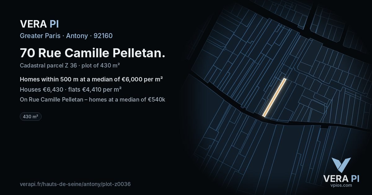 70 Rue Camille Pelletan, Antony at night – the plot lit, the parcels around coloured by the prices near them