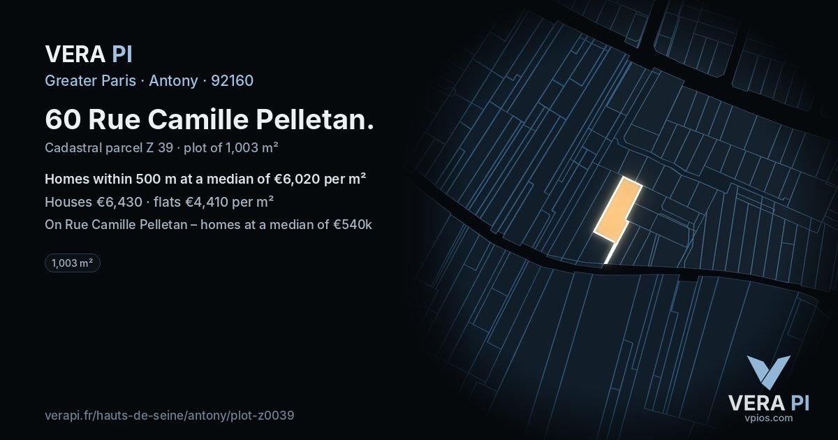 60 Rue Camille Pelletan, Antony at night – the plot lit, the parcels around coloured by the prices near them