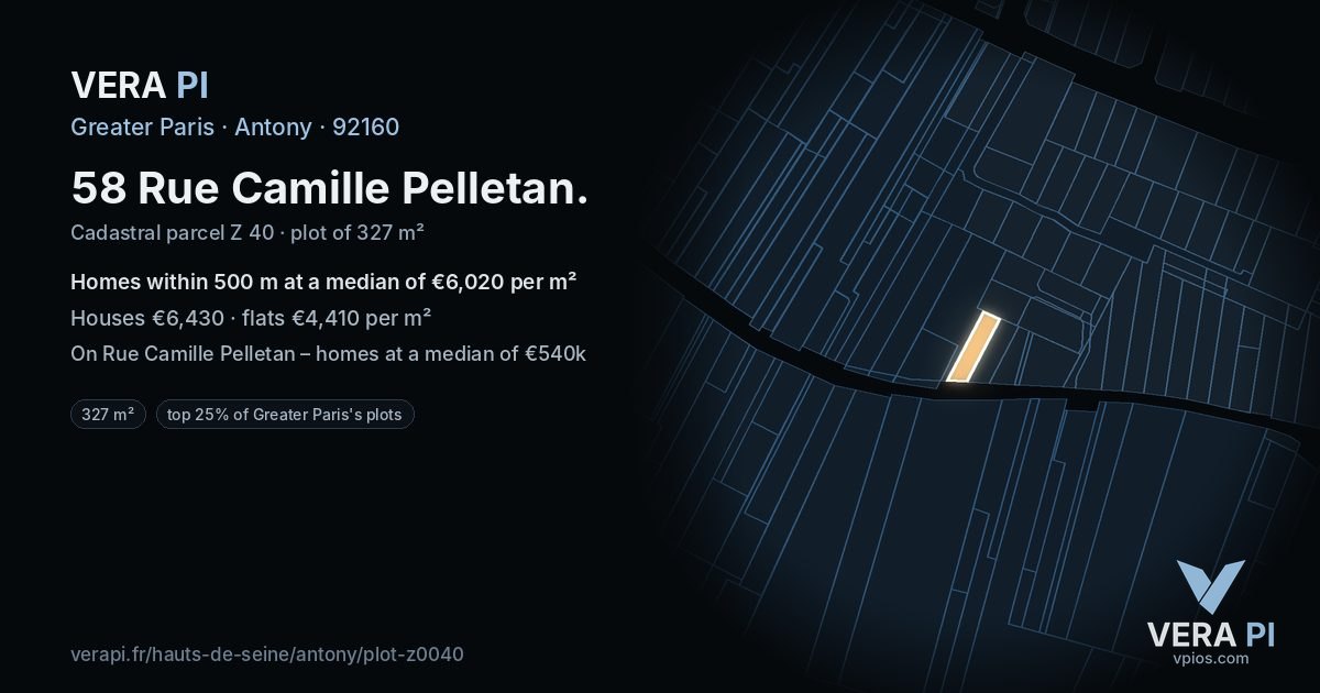 58 Rue Camille Pelletan, Antony at night – the plot lit, the parcels around coloured by the prices near them